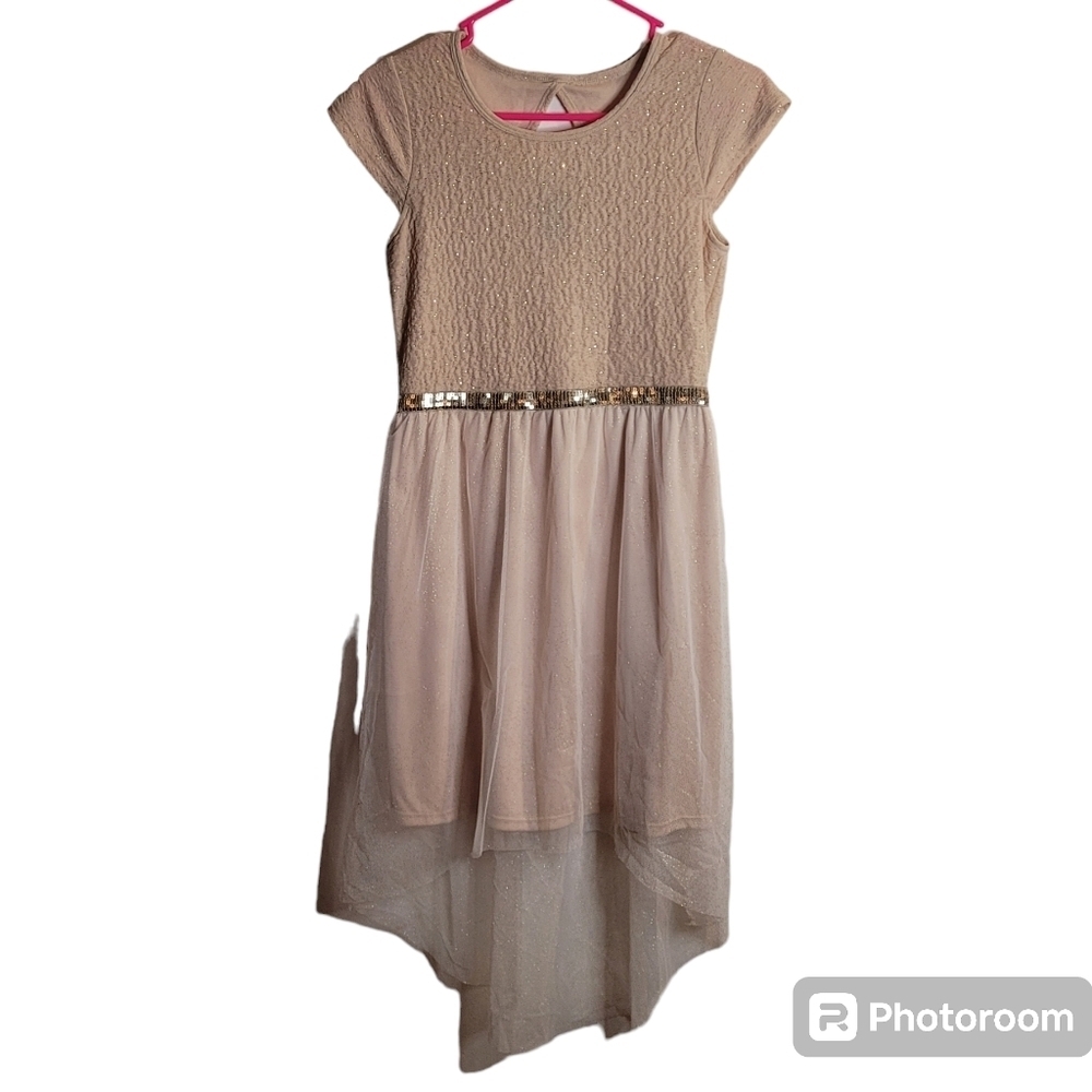 GEORGE, beige & gold, 1/4 sleeve, high-low girl's dress w glitter & sequins. XL